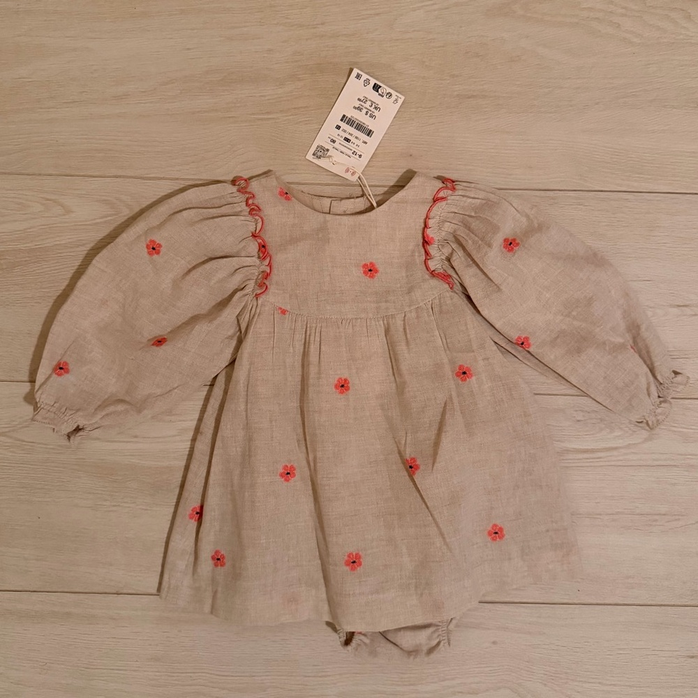 Zara Beige Baby Dress with pink Floral Embroidery - 9-12mo NWT